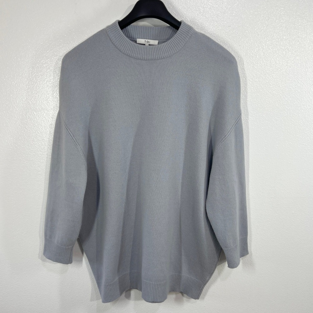 Tibi‎ Soft Wool Blend Oversized Easy Sweater Crewneck Heather Grey Blue L/XL